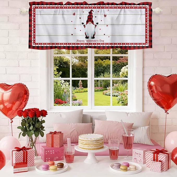Valentine's Day Valance Curtains for Kitchen, Gnome Red Love Plaid Wood Grain Privacy Rod Pocket Valance Curtain, Light-Filtering Window Treatment for Bedroom Bathroom, 42"x18"