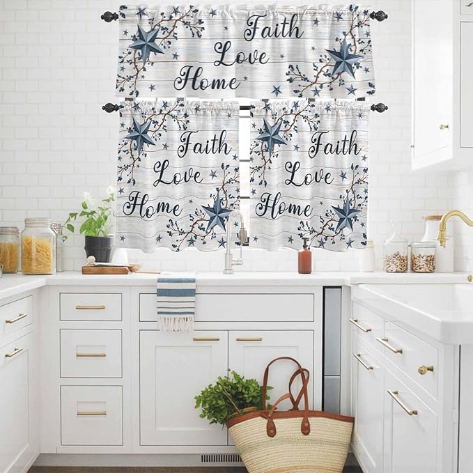 Kitchen Curtains Tiers and Valance Set of 3, Farmhouse Light Filtering Window Curtain Set, Blue Country Texas Star Vintage Berries Wooden Rod Pocket Curtain Drapes for Living Room, 24 Inches Tiers