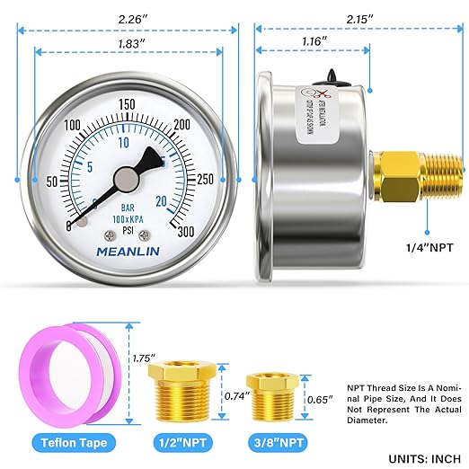 MEANLIN MEASURE 0~300Psi Dry Pressure Gauge Stainless Steel 1/4" NPT 2" FACE DIAL Waterproof for Air Compressor Air Regulator Water Filter Center Back Mount, with 1/2" NPT and 3/8" NPT Hex Bushing