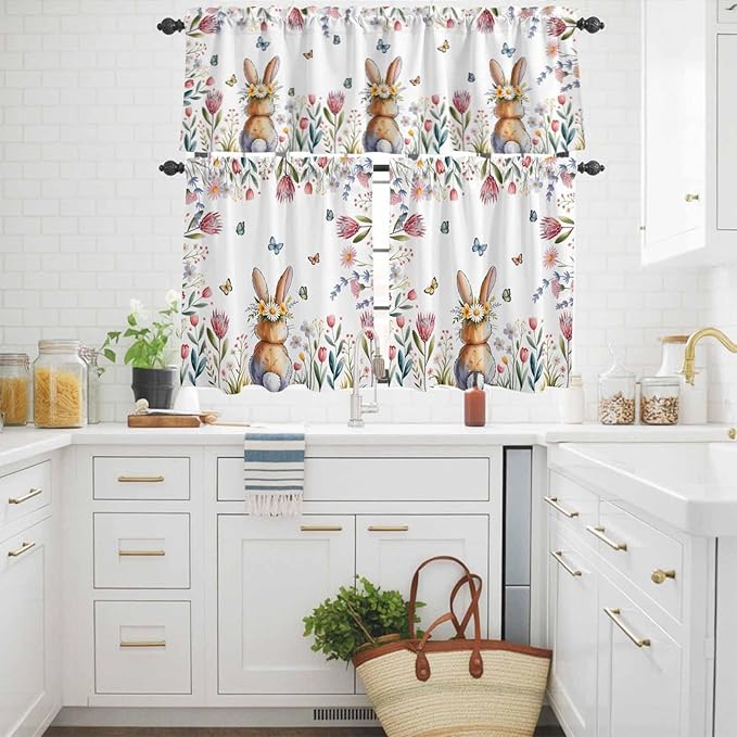 Kitchen Curtains Tiers and Valance Set of 3, Easter Light Filtering Window Curtain Set, Spring Flowers Wreath Rabbit Budding Florals Rod Pocket Curtain Drapes for Cafe, Living Room, 24 Inches Tiers