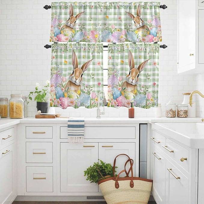 Kitchen Curtains Tiers and Valance Set of 3, Easter Light Filtering Window Curtain Set, Spring Bunny Colorful Eggs Floral Leaves Grey Plaid Rod Pocket Curtain Drapes for Living Room, 36 Inches Tiers