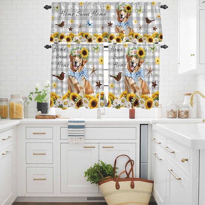 Kitchen Curtains Tiers and Valance Set of 3, Sunflowers Dog Light Filtering Window Curtain Set, Spring Watercolor Floral Stars Grey Plaid Rod Pocket Curtain Drapes for Living Room, 24 Inches Tiers