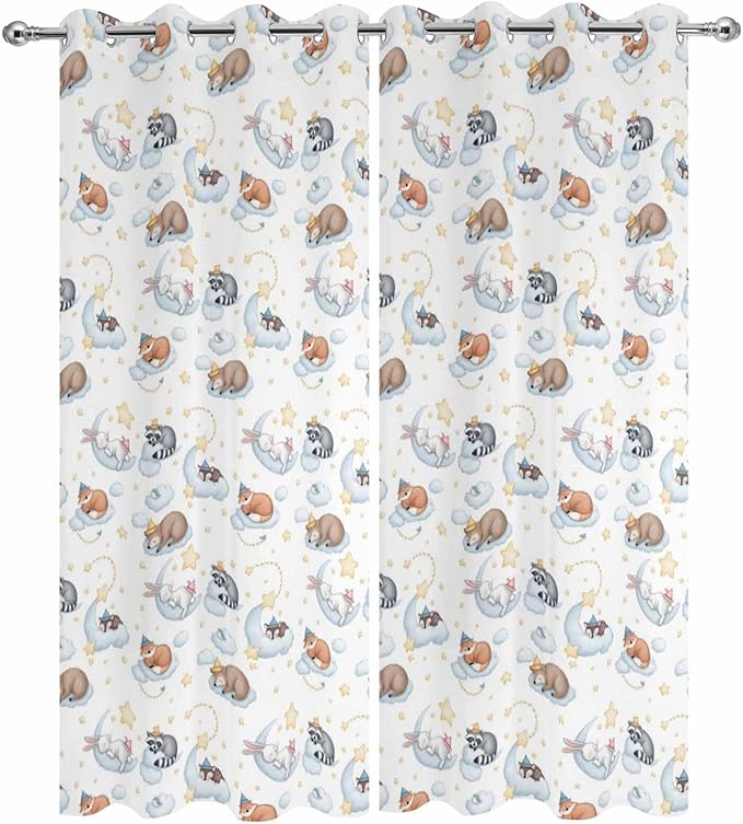 Cartoon Animals Outdoor Curtains for Patio Raccoons Rabbits Moon Waterproof Outside Curtains with Grommet Top Weatherproof Curtain for Cabana Pergola Gazebo, 2 Pack, 54" W x 95" L