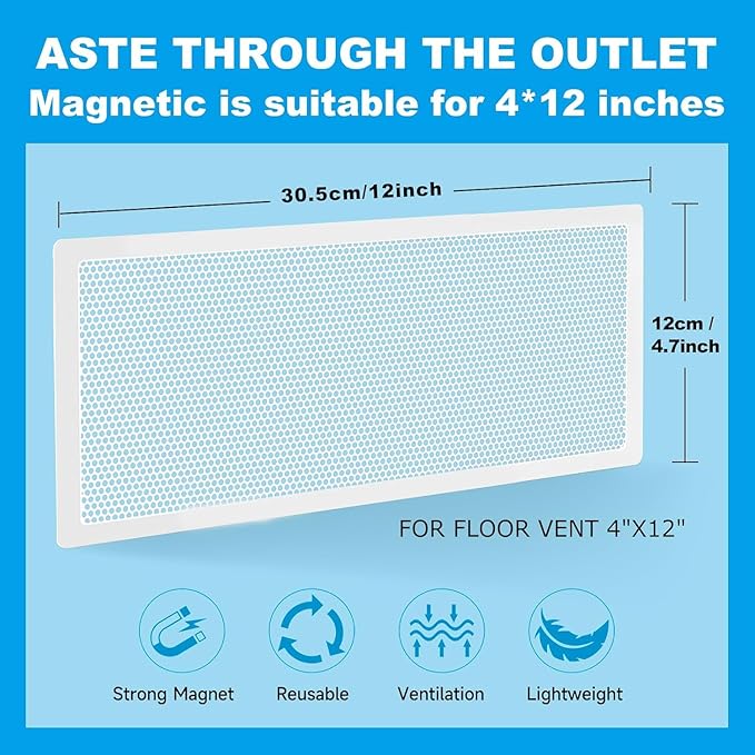 4 PCS White Magnetic Vent Covers - 4.7"x12" Magnetic Air Vent Screen - for Floor/Wall/Ceiling Registers - Easy Install, Secure Fit - Durable(Fits Registers 5" to 6" Wx 12" to13" L)