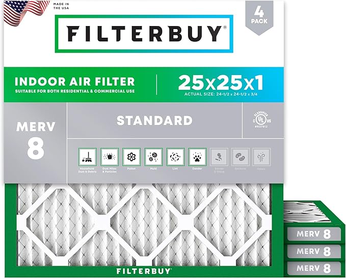 Filterbuy 25x25x1 Air Filter MERV 8 Essential Dust & Allergy Defense (4-Pack), Electrostatic Pleated HVAC AC Furnace Filters Replacement, Made in USA (Actual Size: 24.50 x 24.50 x 0.75)