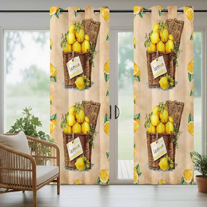 Lemon Outdoor Curtains for Patio Lemons in Baskets Summer Tropical Plant Brown Waterproof Outside Curtains with Grommet Top Weatherproof Curtain for Cabana Pergola Gazebo, 2 Pack, 54" W x 84" L