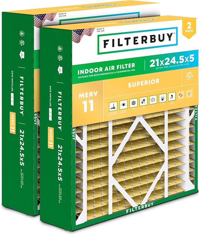 Filterbuy 21x24.5x5 Air Filter MERV 11 Superior Pet & Allergy Defense (2-Pack), Electrostatic Pleated HVAC AC Furnace Filters for Rheem, Ruud, and Protech (Actual Size: 20.63 x 24.13 x 4.38)
