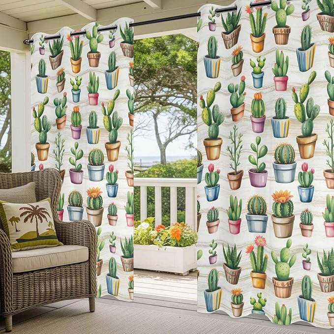 Summer Cactus Outdoor Curtains for Patio Cactus Tropical Plant Wooden Waterproof Outside Curtains with Grommet Top Weatherproof Curtain for Cabana Pergola Gazebo, 1 Panel, 54" W x 108" L