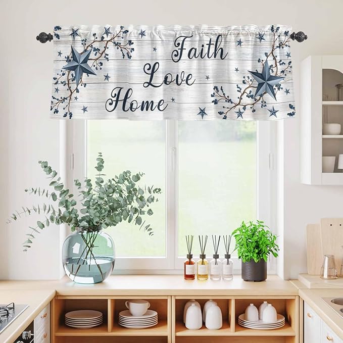 Kitchen Curtains Tiers and Valance Set of 3, Farmhouse Light Filtering Window Curtain Set, Blue Country Texas Star Vintage Berries Wooden Rod Pocket Curtain Drapes for Living Room, 36 Inches Tiers