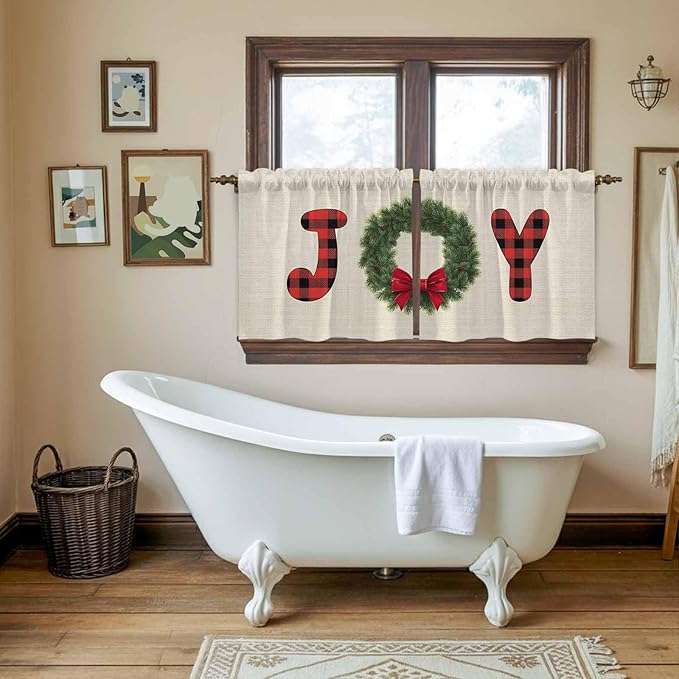 Red Green Christmas Kitchen Tier Curtains 24 Inch Long 2 Panel Set,Rod Pocket Cafe Small Window Curtains Over Sink,Farmhouse Xmas Botanical Winter Short Drapes for Bathroom Cabinet 27.5"W x 24"L