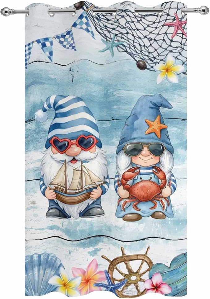 Ocean Gnome Outdoor Curtains for Patio Summer Marine Plumeria Shell Wood Blue Waterproof Outside Curtains with Grommet Top Weatherproof Curtain for Cabana Pergola Gazebo, 1 Panel, 54" W x 108" L
