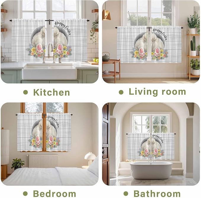 Easter Bunny Kitchen Curtains 45 Inch Long 2 Panel Set, Rod Pocket Window Treatment, 3D Optical Illusion Farmhouse Flower Wood Grain Light Filtering Panels Short Drapes for Bathroom Camper 42"W x 45"L