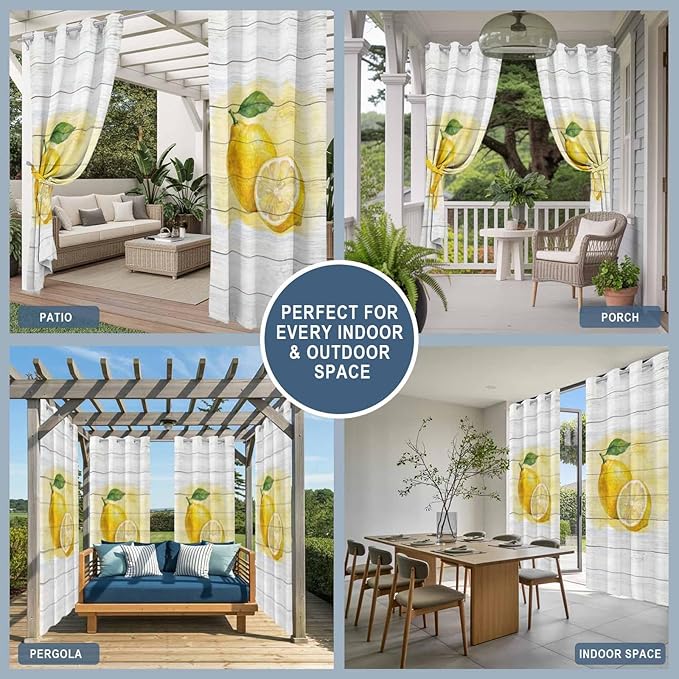 Lemons Yellow Summer Fruit Vintage Wood Outdoor Curtains for Patio Waterproof Outside Curtains with Grommet Top Weatherproof Curtain for Cabana Pergola Gazebo, 2 Pack, 54" W x 84" L