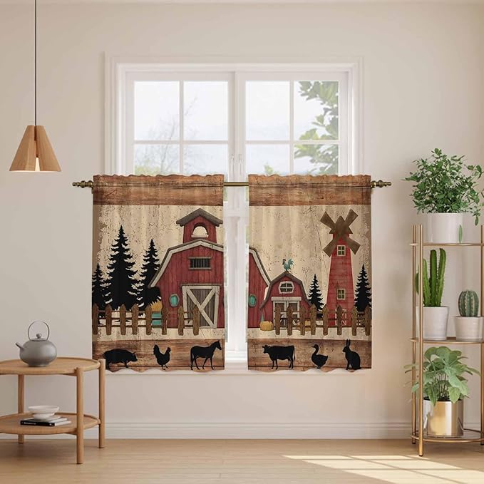 Brown Farmhouse Kitchen Curtains, Vintage Country Animals Wooden Grain Light Filtering Window Curtain Panels, 2Pcs Rod Pocket Window Treatments Set for RV Dining Room Study Room 42x54 Inches