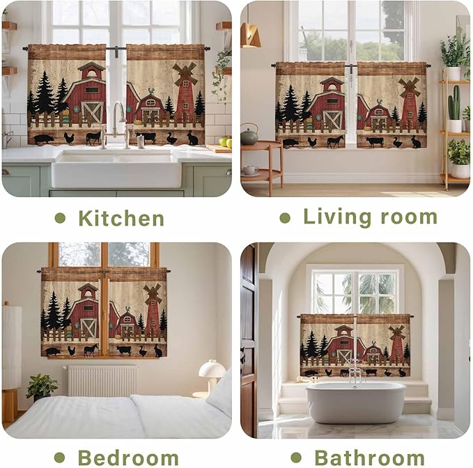 Brown Farmhouse Kitchen Curtains, Vintage Country Animals Wooden Grain Light Filtering Window Curtain Panels, 2Pcs Rod Pocket Window Treatments Set for RV Dining Room Study Room 42x45 Inches