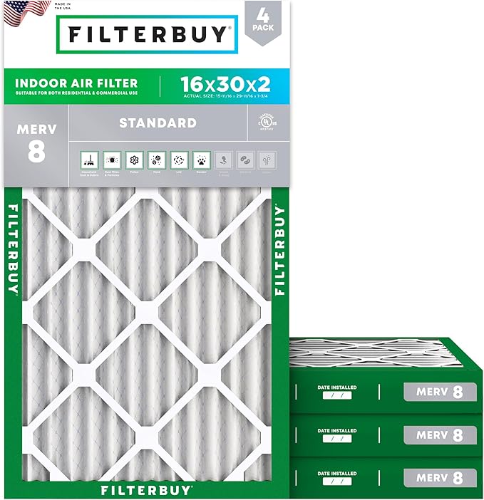 Filterbuy 16x30x2 Air Filter MERV 8 Essential Dust & Allergy Defense (4-Pack), Electrostatic Pleated HVAC AC Furnace Filters Replacement, Made in USA (Actual Size: 15.69 x 29.69 x 1.75)