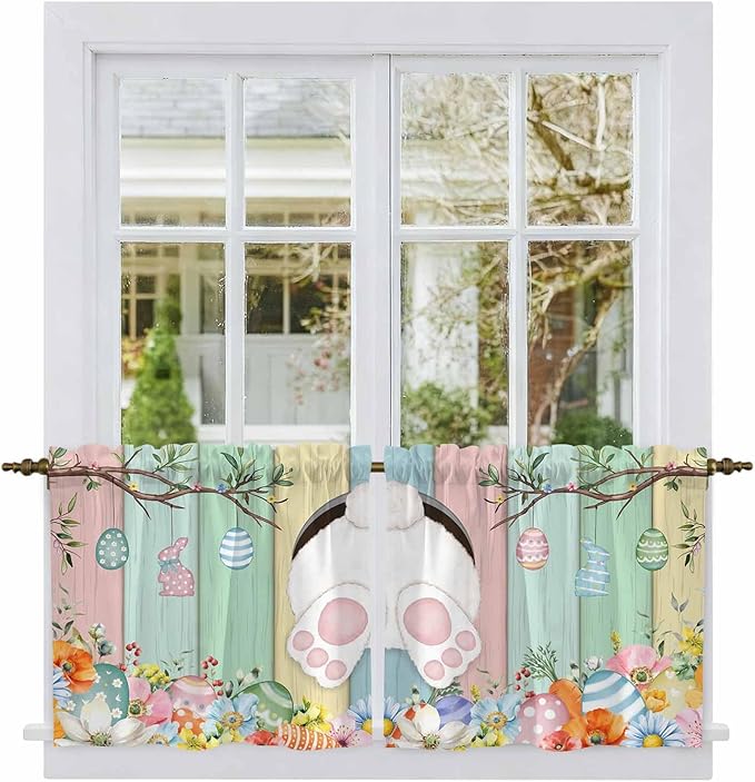 Easter Kitchen Tier Curtains 24 Inch Long 2 Panel Set,Rod Pocket Cafe Small Window Curtains Over Sink,Spring Colorful Bunny Eggs Flower Wood Grain Light Filtering Short Drapes 27.5"W x 24"L