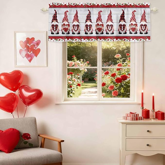 I Love U Valance Curtains for Kitchen, Valentine's Day Dwarf Romantic Wood Grain Privacy Rod Pocket Valance Curtain, Light-Filtering Window Treatment for Bedroom Bathroom, 60"x18"
