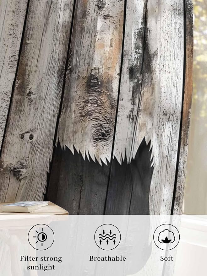 Sheer Curtains 96 Inches Long, White Brown Bear Semi Sheer Curtains Light Filtering Window Treatment, Farmhouse Country Vintage Wood Grain Privacy Voile Drapes for Living Room Bedroom 52x96 Inch