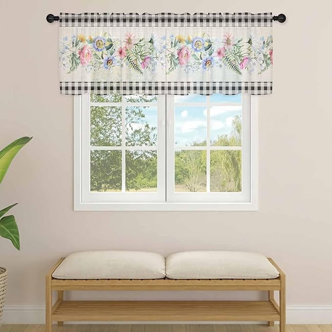 Blue Pink Floral Sheer Valance Curtains, Spring Summer Botanical Linen Black Plaid Light Filtering Kitchen Valances Rod Pocket Voile Curtain Window Treatment for Bedroom/Living Room/Basement 42Wx18L