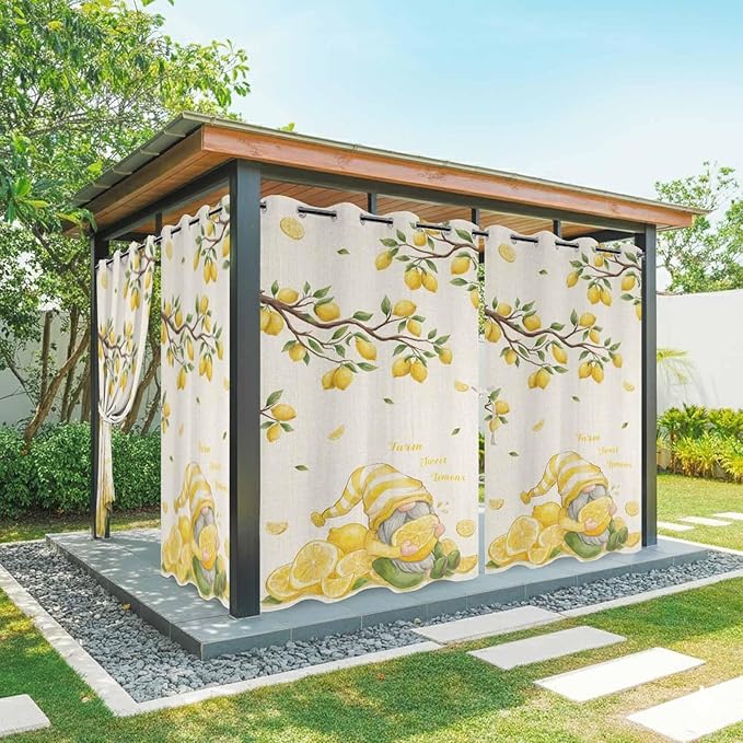 Summer Outdoor Curtains for Patio Lemon Gnome Leaf Linen Texture Waterproof Outside Curtains with Grommet Top Weatherproof Curtain for Cabana Pergola Gazebo, 1 Panel, 54" W x 95" L