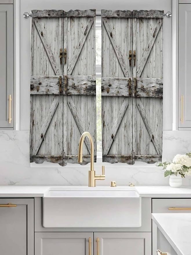 Vintage Gate Bedroom Curtains 63 Inches length, Farmhouse Wooden Grain Shabby Chic Door Window Treatment Curtain Drapes, Rod Pocket Curtain Panels for Living Room Kitchen, 42"x63", 2 Panels
