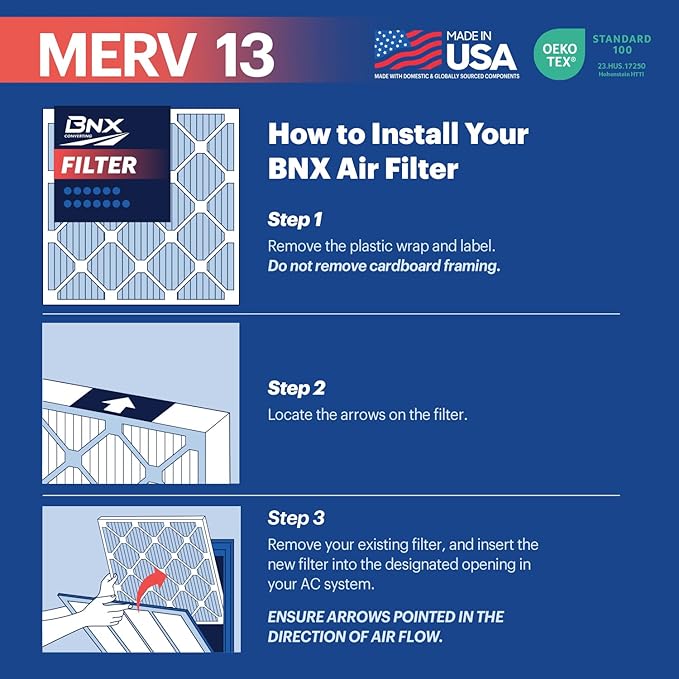 BNX TruFilter 14x24x1 Air Filter MERV 13 (12-Pack) - MADE IN USA - Electrostatic Pleated Air Conditioner HVAC AC Furnace Filters for Allergies, Pollen, Mold, Bacteria, Smoke, Allergen, MPR 1900 FPR 10