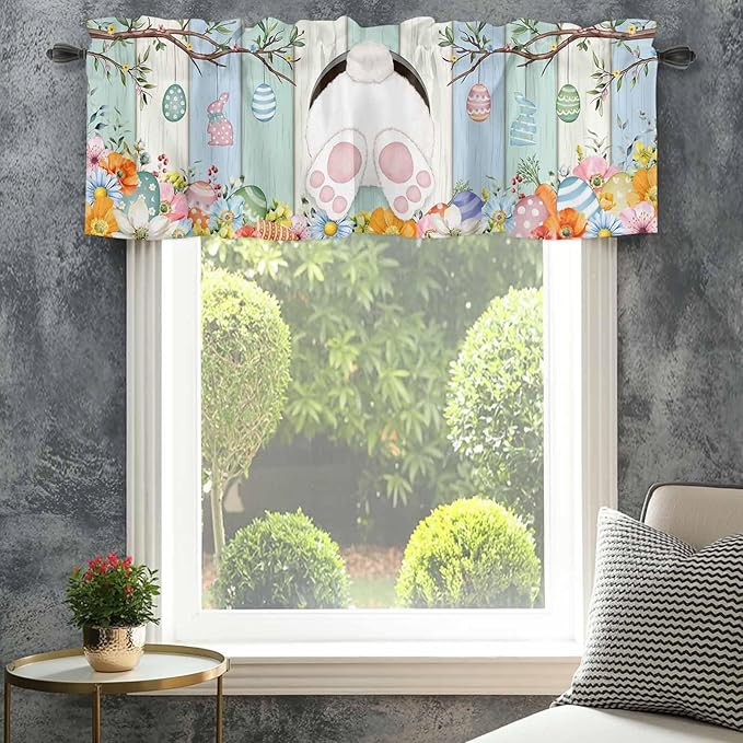 Easter Curtain Valances for Windows, Kitchen Valance Window Treatment, Spring Watercolor Bunny Eggs Wood Grain Teal Blue Light Filtering Block Curtains for Bathroom/Bedroom/Living Room 60'' x 18''