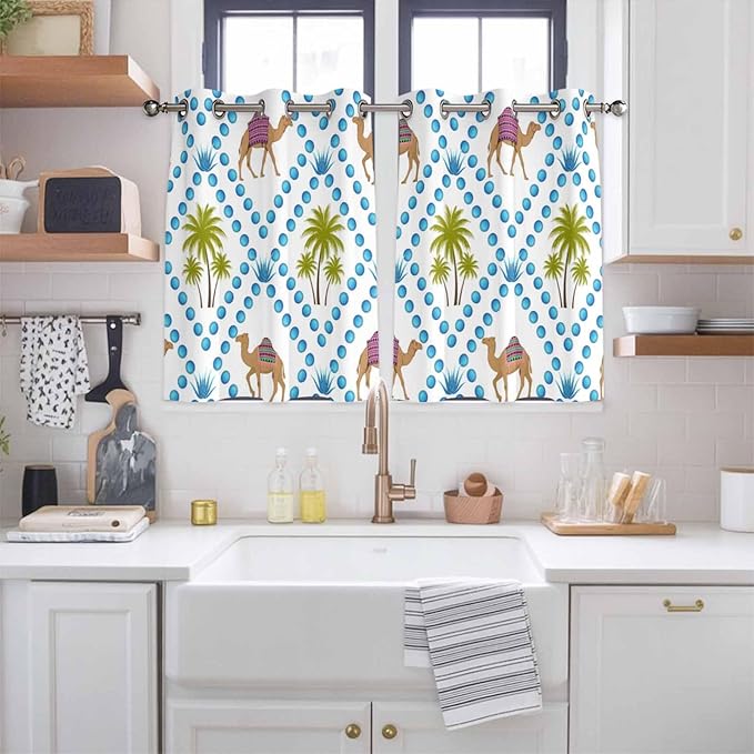2 Panel Kitchen Cafe Curtains, Camels Palm Trees Sunlight Filtering Nature Air Through, Home Decor Window Covering Tier Curtains for Living Room 104W x 52L inch Tropical Desert Animal Plants Polka Dot
