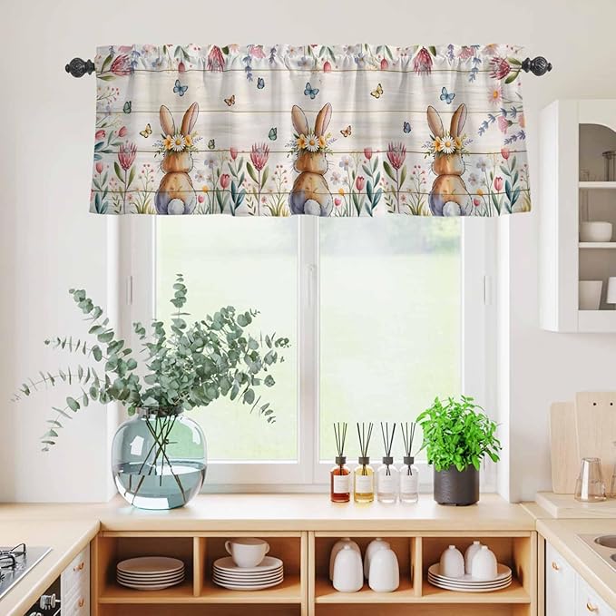 Kitchen Curtains Tiers and Valance Set of 3, Easter Light Filtering Window Curtain Set, Spring Bunny Butterfly Botanical Wooden Grain Rod Pocket Curtain Drapes for Cafe, Living Room, 36 Inches Tiers
