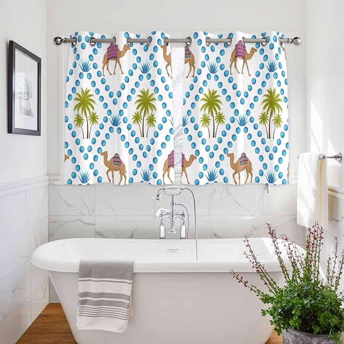 2 Panel Kitchen Cafe Curtains, Camels Palm Trees Sunlight Filtering Nature Air Through, Home Decor Window Covering Tier Curtains for Living Room 104W x 52L inch Tropical Desert Animal Plants Polka Dot