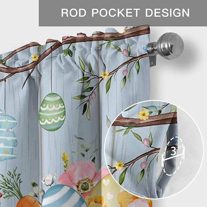 Easter Curtain Valances for Windows, Kitchen Valance Window Treatment, Spring Watercolor Bunny Eggs Flower Wood Grain Blue Light Filtering Block Curtains for Bathroom/Bedroom/Living Room 42'' x 12''