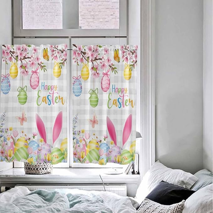 Happy Easter Kitchen Curtains 45 Inches length, Spring Watercolor Bunny Eggs Flower Grey Plaid Window Treatment Curtain Drapes, Lightweight Window Panels for Living Room Bedroom, 52"x45", 2 Panels