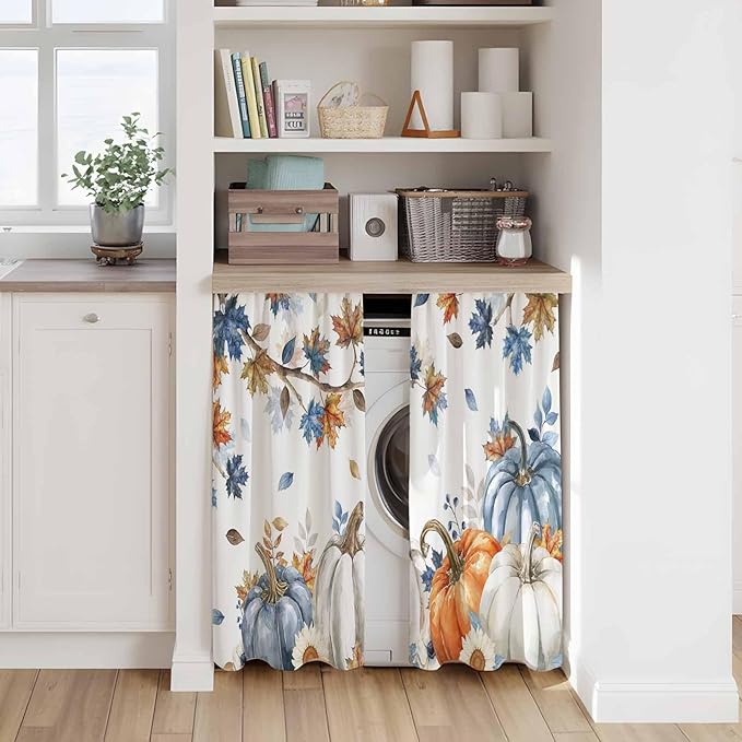 Navy Blue Pumpkin Fall Kitchen Tier Curtains 45 Inch Long 2 Panel Set,Rod Pocket Short Window Treatment,Thanksgiving Maple Leaves Branches Curtains & Drapes for Bathroom Basement 27.5"W x 45"L