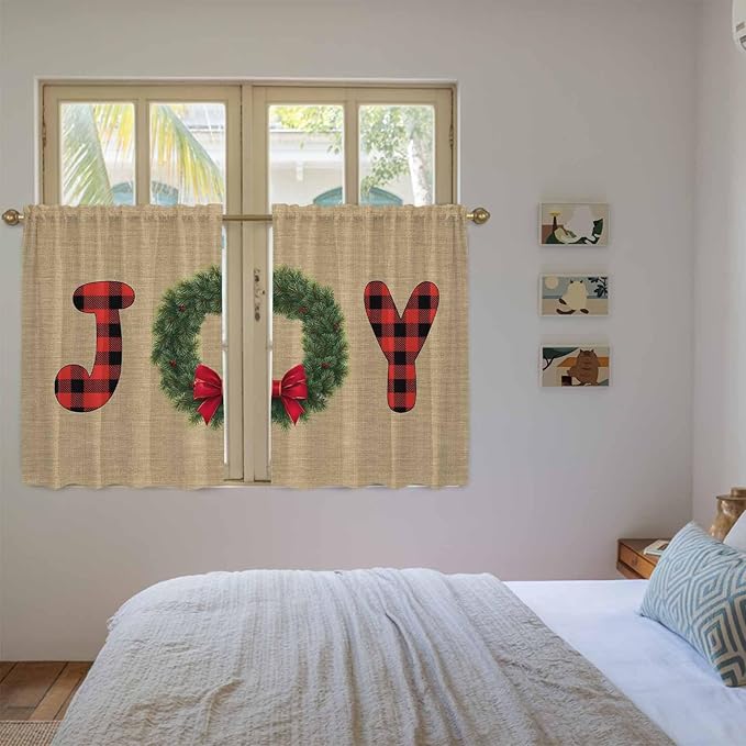 Red Green Christmas Kitchen Curtains 45 Inch Long 2 Panel Set, Rod Pocket Window Treatment, Xmas Botanical Winter Farmhouse Light Filtering Panels Short Drapes for Bathroom Camper 42"W x 45"L