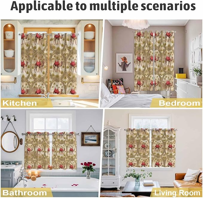 2 Panel Kitchen Cafe Curtains, Desert Camels Sunlight Filtering Nature Air Through, Home Decor Window Covering Tier Curtains for Living Room 55W x 39L inch Tropical Palm Trees Sand Cords Brown