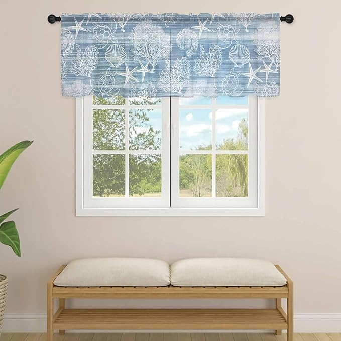 Haze Blue Retro Summer Sheer Valance Curtains, Sea Turtle Starfish Coral Ocean Light Filtering Kitchen Valances Rod Pocket Voile Curtain Window Treatment for Bedroom/Living Room/Basement 60Wx18L