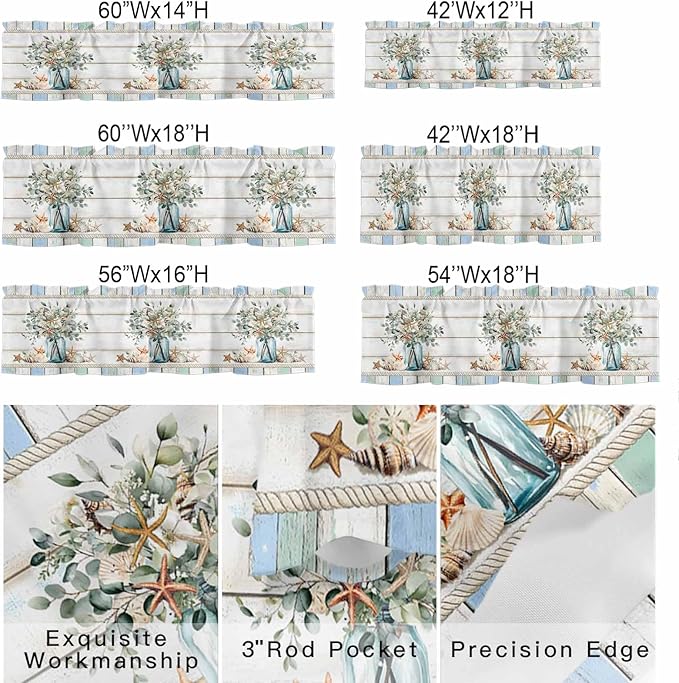 Kitchen Valances for Window, Ocean Starfish Conch Shell Eucalyptus Light Filtering Rod Pocket Valance Curtain, Colorful Wood Grain Short Curtains Window Topper for Bedroom Living Room 54x18in