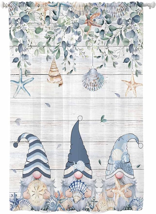 Sheer Curtains 63 Inch Length, Coastal Eucalyptus Leaf Semi Sheer Curtains Light Filtering Window Treatment, Ocean Blue Gnomes Starfish Wood Grain Privacy Voile Drapes for Living Room 52x63 Inch