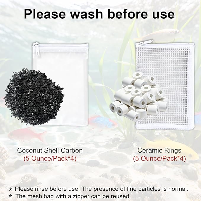 4 Set Aquarium Media Maintenance Kit, Replacement for Seachem Tide 55-Gallon Filter — Includes 4 Blue Sponges, 4 Bags of Activated Carbon, 4 Ceramic Rings, and 4 Mesh Bags.