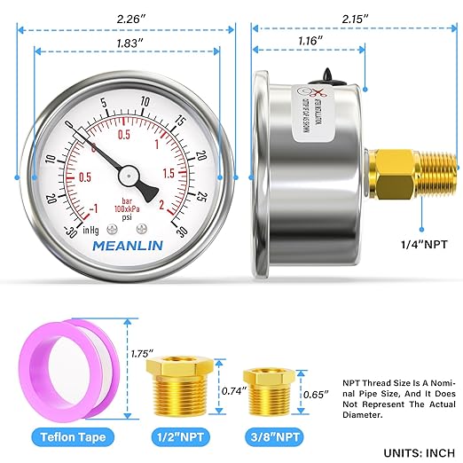 MEANLIN MEASURE -30inHG~30Psi Vacuum Gauge Stainless Steel 1/4" NPT 2" FACE DIAL Waterproof for Air Compressor HVAC Negative Pressure Hand Pump Pool Back Mount with 1/2" NPT and 3/8" NPT Hex Bushing
