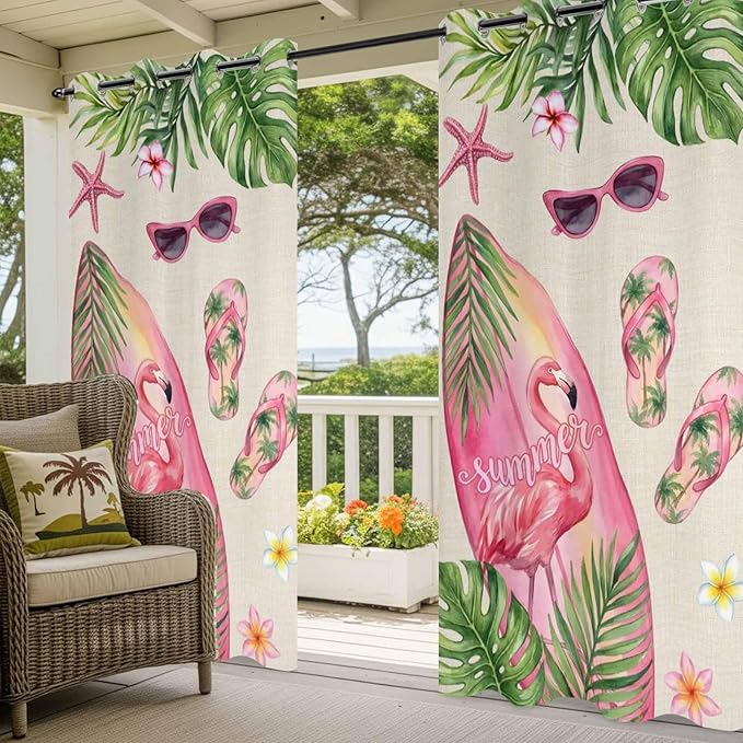 Summer Flamingbirds Outdoor Curtains for Patio Palm Leaves Plumeria Linen Waterproof Outside Curtains with Grommet Top Weatherproof Curtain for Cabana Pergola Gazebo, 2 Pack, 54" W x 84" L