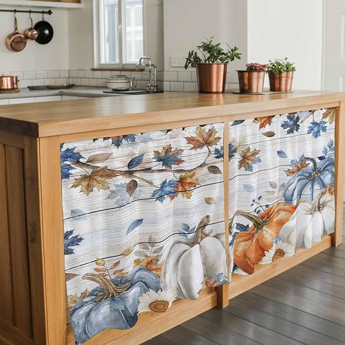 Thanksgiving Pumpkin Kitchen Tier Curtains 36 Inch Long 2 Panel Set,Rod Pocket Half Window Curtains Over Sink,Fall Maple Leaf Daisy Wooden Grain Short Drapes for Bathroom Cafe 27.5"W x 36"L