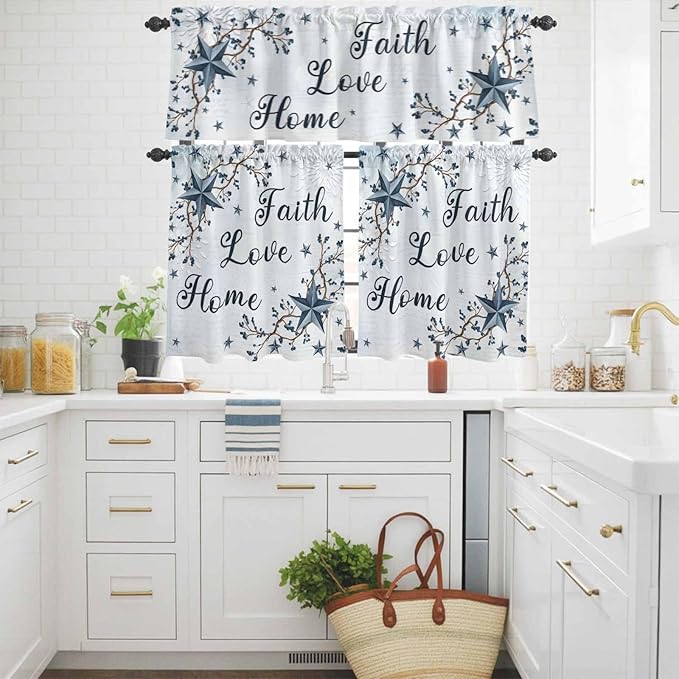 Kitchen Curtains Tiers and Valance Set of 3, Texas Star Country Light Filtering Window Curtain Set, Blue Farmhouse Branches Rod Pocket Curtain Drapes for Cafe, Living Room, 24 Inches Tiers