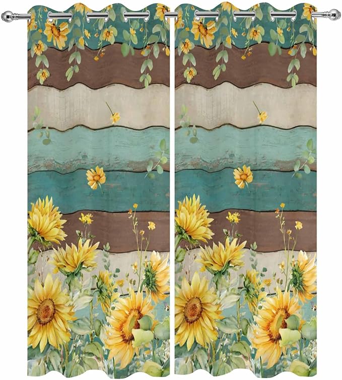 Sunflowers Outdoor Curtains for Patio Summer Floral Eucalyptus Leaves Vintage Wood Waterproof Outside Curtains with Grommet Top Weatherproof Curtain for Cabana Pergola Gazebo, 2 Pack, 54" W x 108" L
