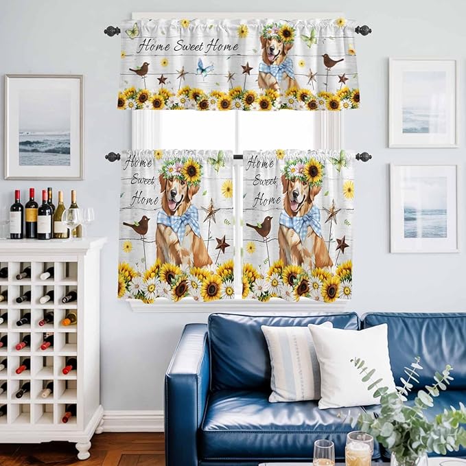 Kitchen Curtains Tiers and Valance Set of 3, Sunflowers Dog Light Filtering Window Curtain Set, Spring Watercolor Floral Stars Wood Grain Rod Pocket Curtain Drapes for Living Room, 24 Inches Tiers
