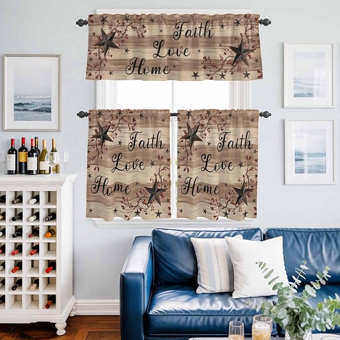 Kitchen Curtains Tiers and Valance Set of 3, Farmhouse Star Brown Light Filtering Window Curtain Set, Retro Branches Berry Wooden Grain Rod Pocket Curtain Drapes for Cafe, Living Room, 24 Inches Tiers