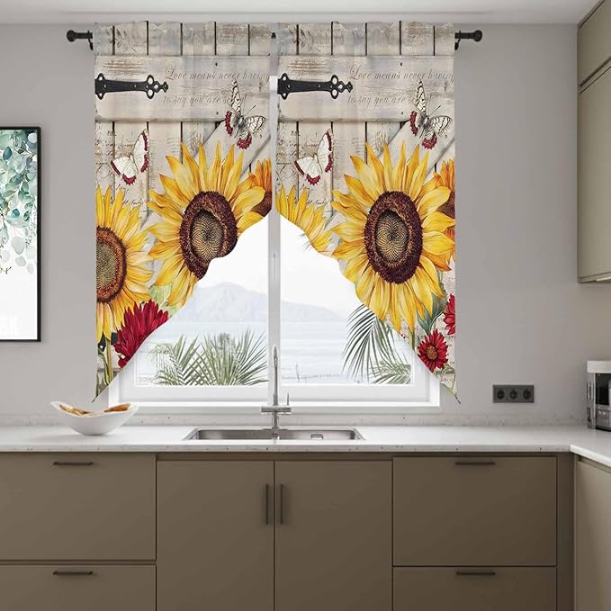 Red Yellow Sunflowers Swag Valances for Windows, Retro Rustic Barn Doors Butterfly Brown Rod Pocket Kitchen Curtains Valance, Small Window Curtains Swag for Cafe Living Room, 2 Panels, 36x36 inch
