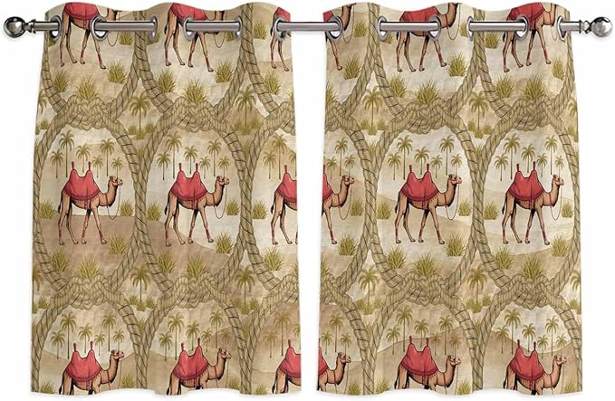 2 Panel Kitchen Cafe Curtains, Desert Camels Sunlight Filtering Nature Air Through, Home Decor Window Covering Tier Curtains for Bedroom Living Room Tropical Palm Trees Sand Cords Brown