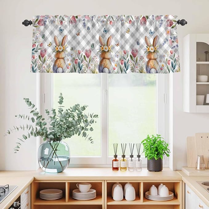 Kitchen Curtains Tiers and Valance Set of 3, Easter Light Filtering Window Curtain Set, Spring Rabbit Butterfly Botanical Florals Grey Plaid Rod Pocket Curtain Drapes for Living Room, 24 Inches Tiers